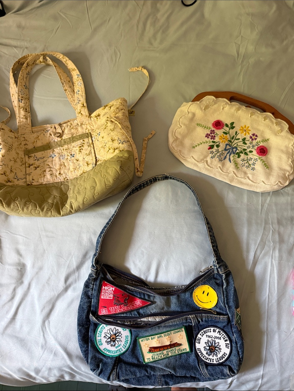 3 for $20
Quilted tote
Embroidered clutch wooden handle 
Blue Jean zippered bag